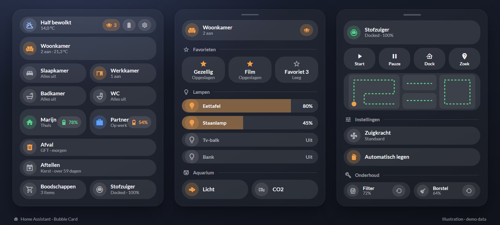Illustratie van mijn Home Assistant-dashboard met demodata: hoofdscherm, woonkamerverlichting en stofzuigrobot